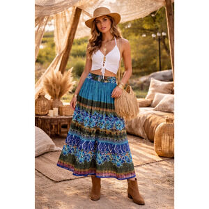 Chaudry KC Boho Chic Broomstick Midi Skirt Sz XXL Blue Green Floral Lined Flared